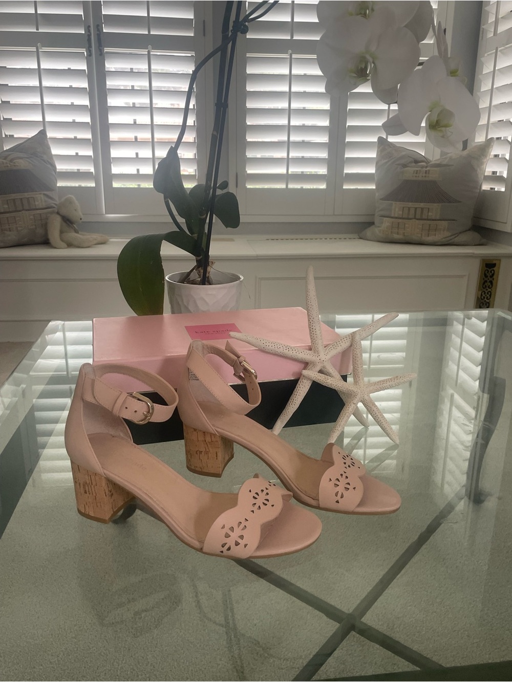 kate spade Blush Pink Scalloped Laser-Cut Ankle-Strap Block Heels